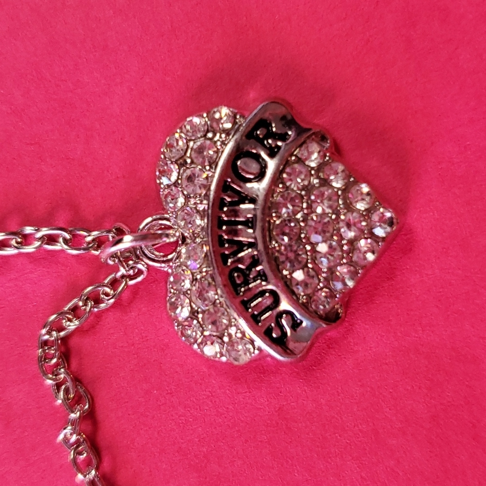 SURVIVOR SILVER RHINESTONE HEART‎ NECKLACE Gift Inspiration Love Hope Sparkle